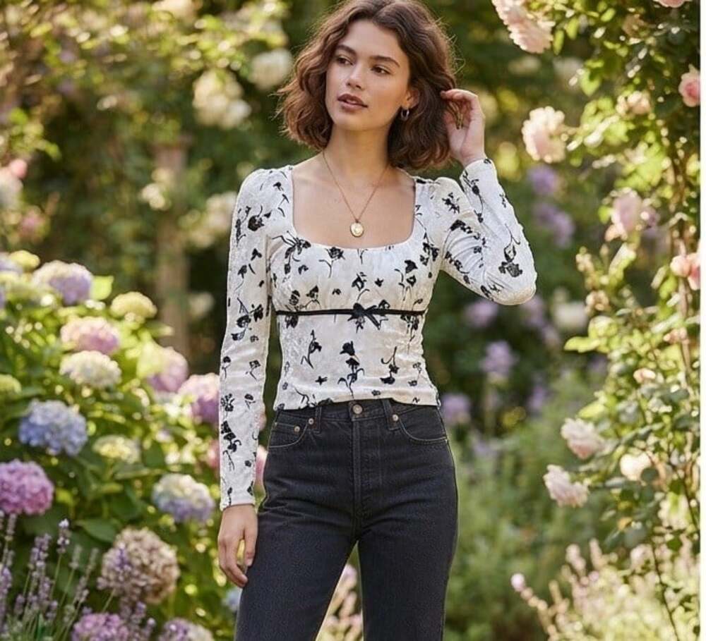 Thirty Thirty  Sz M Velour Babydoll White Black Long Sleeve Coquette Top Garden